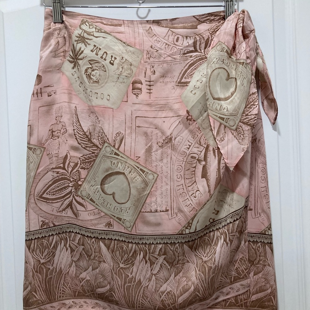 Vintage Dana B. Art Print Pink 100% Silk Wrap Skirt Size 6